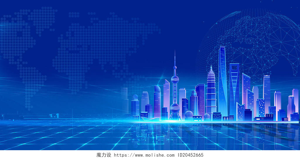 蓝色科技感城市光效几何图形装饰科技展板背景科技背景